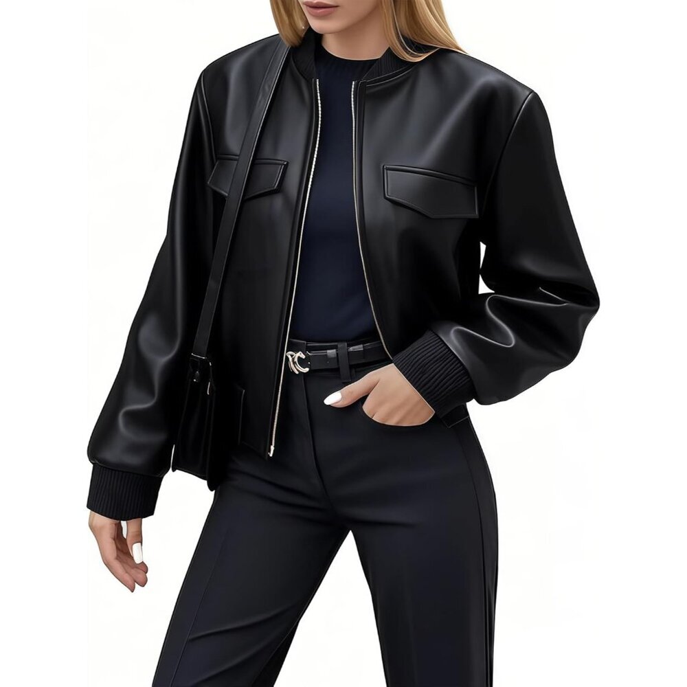 Women's Charcoal Black Faux Leather Cropped Coat Cute Short Zip Up Casual Jacket